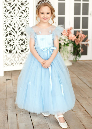 Sky Blue Tulle Puff Sleeves Flower Girl Dress